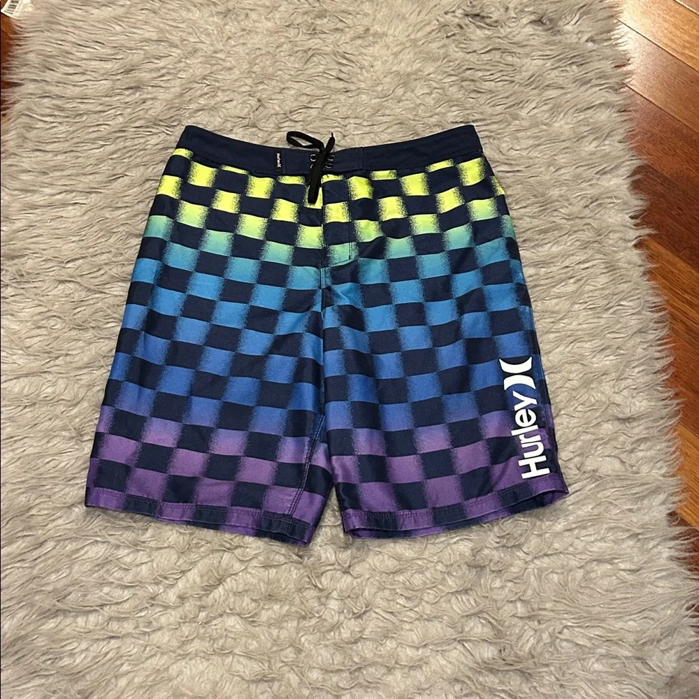 Hurley Boys Ombre Blue, Purple And Yellow Checkered‎ Board Shorts
